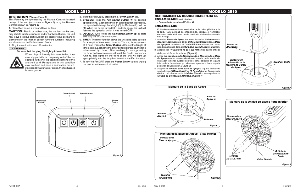 Model 2535, Model 2510, Modelo 2510 | Operation, Caution, Ensamblado, Herramientas requeridas para el ensamblado | Lasko 2510 User Manual | Page 4 / 6