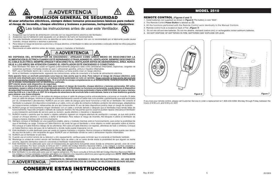 Conserve estas instrucciones, Información general de seguridad, Model 2510 | Remote control | Lasko 2510 User Manual | Page 5 / 6