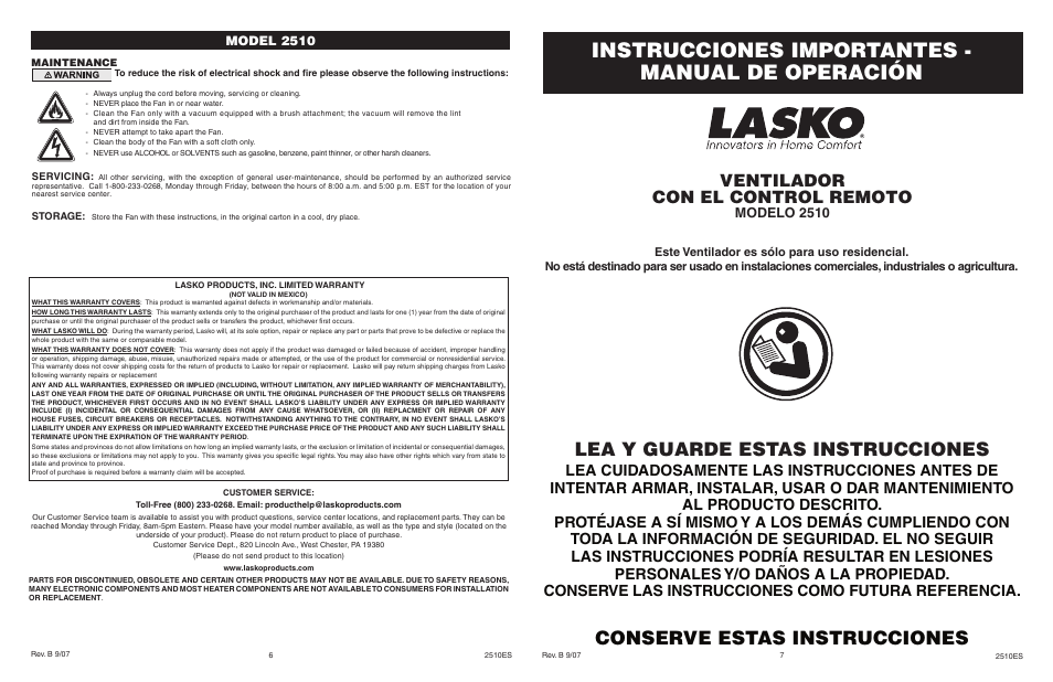 Instrucciones importantes - manual de operación, Lea y guarde estas instrucciones, Conserve estas instrucciones | Ventilador con el control remoto, Modelo 2510, Model 2510 | Lasko 2510 User Manual | Page 6 / 6