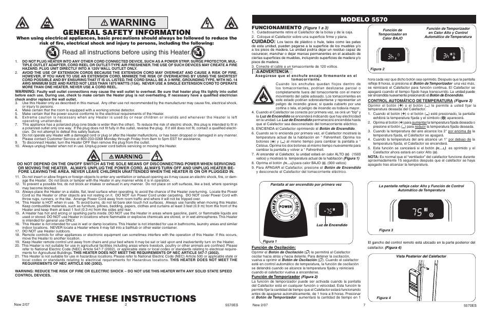 Save these instructions, General safety information, Read all instructions before using this heater | Modelo 5570, Funcionamiento, Cuidado | Lasko 5570 User Manual | Page 2 / 4