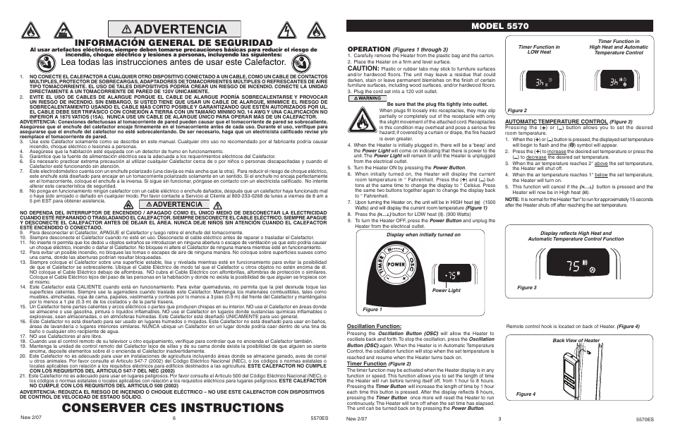 Conserver ces instructions, Model 5570, Operation | Caution | Lasko 5570 User Manual | Page 3 / 4