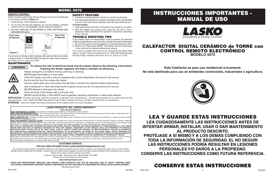 Instrucciones importantes - manual de uso, Lea y guarde estas instrucciones, Conserve estas instrucciones | Modelo 5570, Model 5570 | Lasko 5570 User Manual | Page 4 / 4