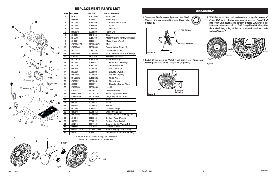 Assembly, Replacement parts list | Lasko 2084537 User Manual | Page 3 / 4