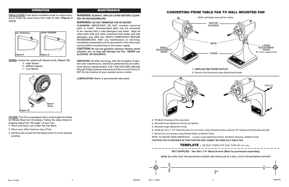 Template, Converting from table fan to wall mounted fan, Warning | Caution, Maintenance operation | Lasko 2084537 User Manual | Page 4 / 4