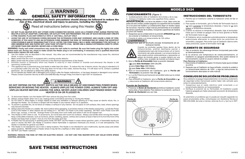 Save these instructions, General safety information, Read all instructions before using this heater | Modelo 5424, Funcionamiento, Advertencia, Elemento de seguridad, Consejos de solución de problemas, Instrucciones del termostato | Lasko 5424 User Manual | Page 2 / 4