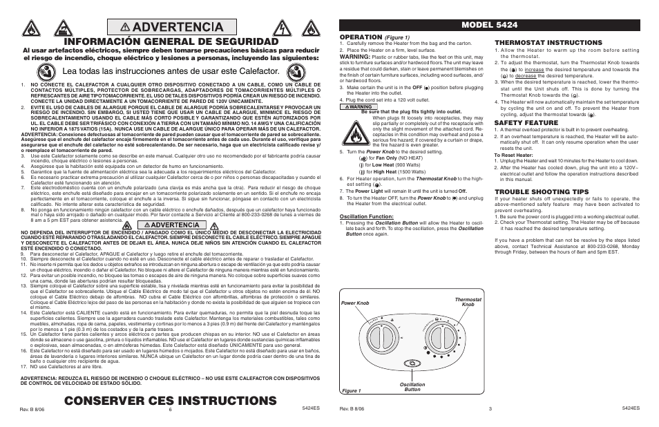 Conserver ces instructions, Información general de seguridad, Model 5424 | Operation, Thermostat instructions, Safety feature, Trouble shooting tips | Lasko 5424 User Manual | Page 3 / 4