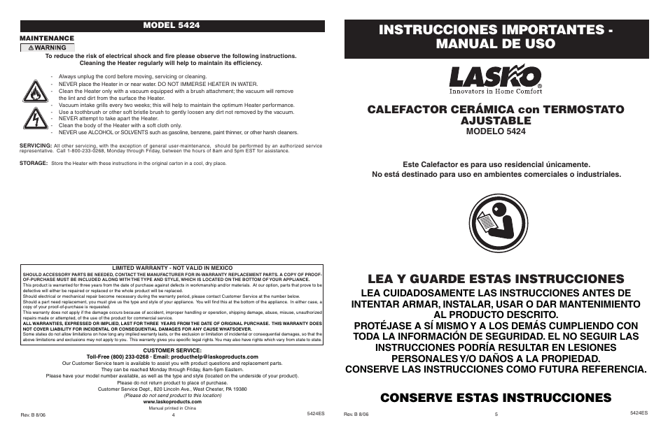 Instrucciones importantes - manual de uso, Lea y guarde estas instrucciones, Conserve estas instrucciones | Calefactor cerámica con termostato ajustable, Modelo 5424, Model 5424 | Lasko 5424 User Manual | Page 4 / 4