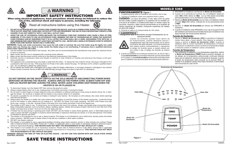Save these instructions, Important safety instructions, Read all instructions before using this heater | Modelo 5369, Funcionamiento, Cuidado | Lasko 5369 User Manual | Page 2 / 4