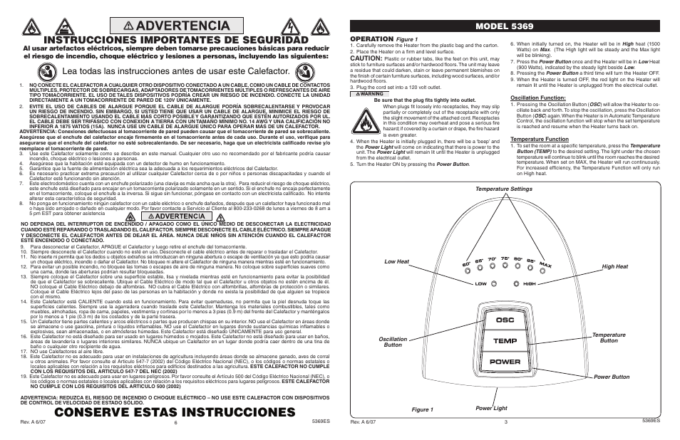 Conserve estas instrucciones, Instrucciones importantes de seguridad, Model 5369 | Operation, Caution | Lasko 5369 User Manual | Page 3 / 4