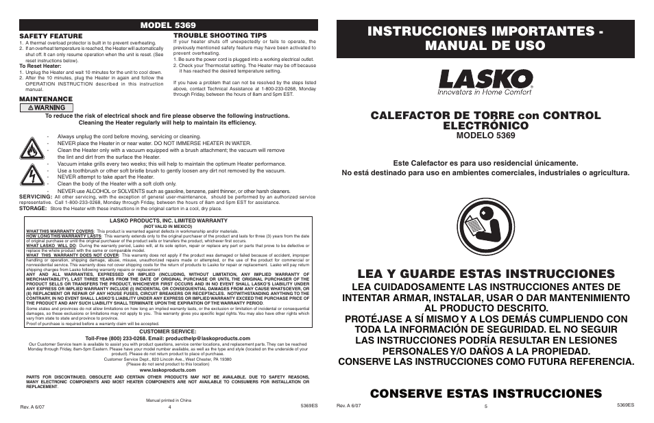 Instrucciones importantes - manual de uso, Lea y guarde estas instrucciones, Conserve estas instrucciones | Calefactor de torre con control electrónico, Modelo 5369, Model 5369 | Lasko 5369 User Manual | Page 4 / 4