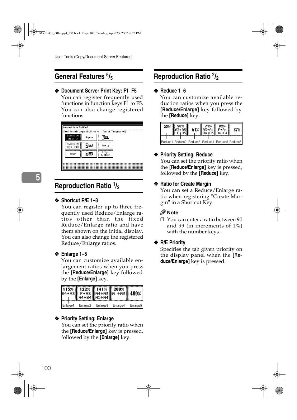 General features 5/5, Reproduction ratio 1/2, Reproduction ratio 2/2 | General features, Reproduction ratio | Lanier LD075 User Manual | Page 108 / 138