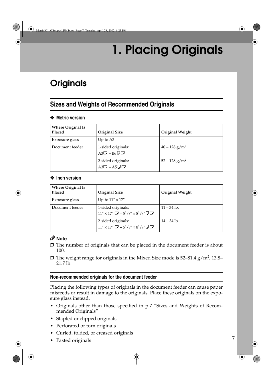 Placing originals, Originals, Sizes and weights of recommended originals | Lanier LD075 User Manual | Page 15 / 138