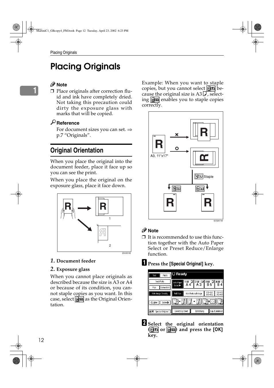 Placing originals, Original orientation, 1placing originals | Lanier LD075 User Manual | Page 20 / 138