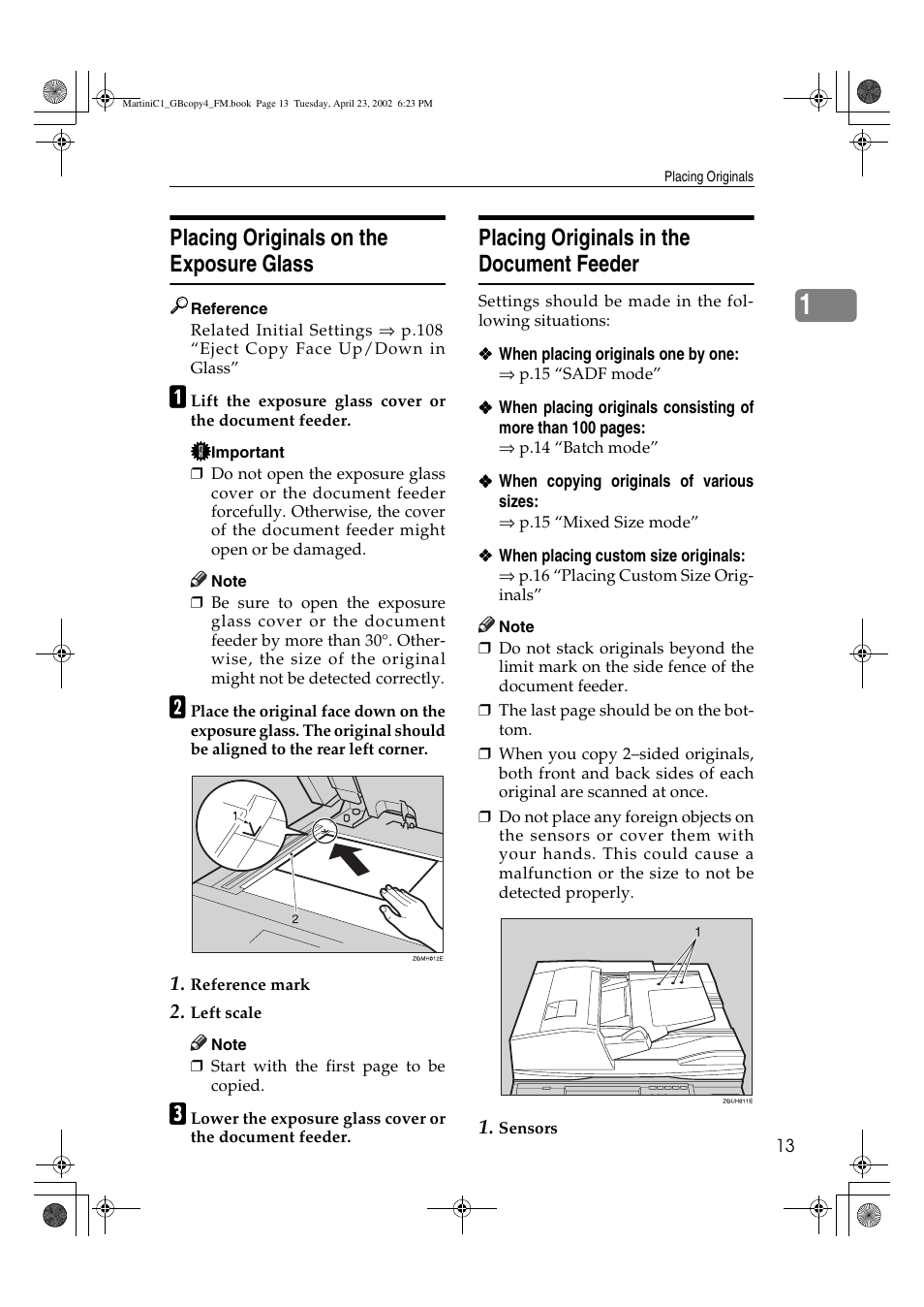 Placing originals on the exposure glass, Placing originals in the document feeder | Lanier LD075 User Manual | Page 21 / 138