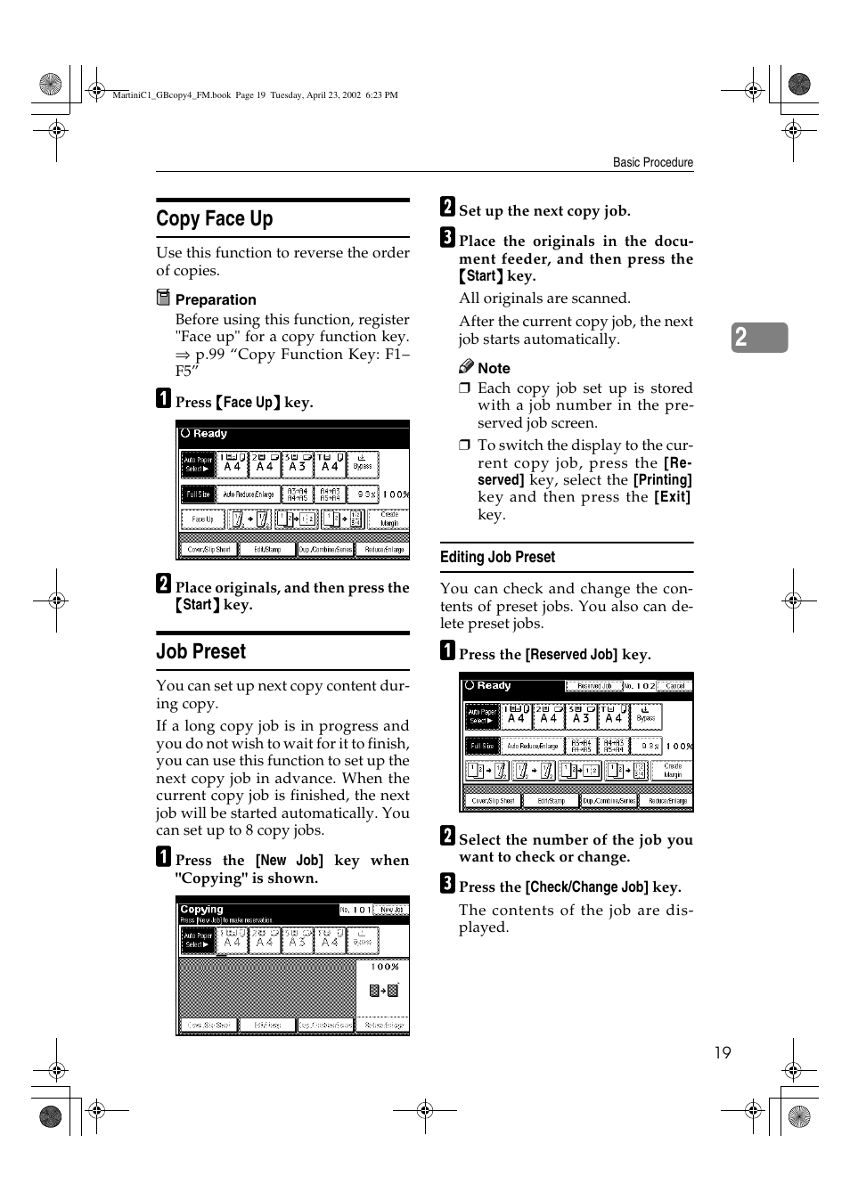 Copy face up, Job preset | Lanier LD075 User Manual | Page 27 / 138