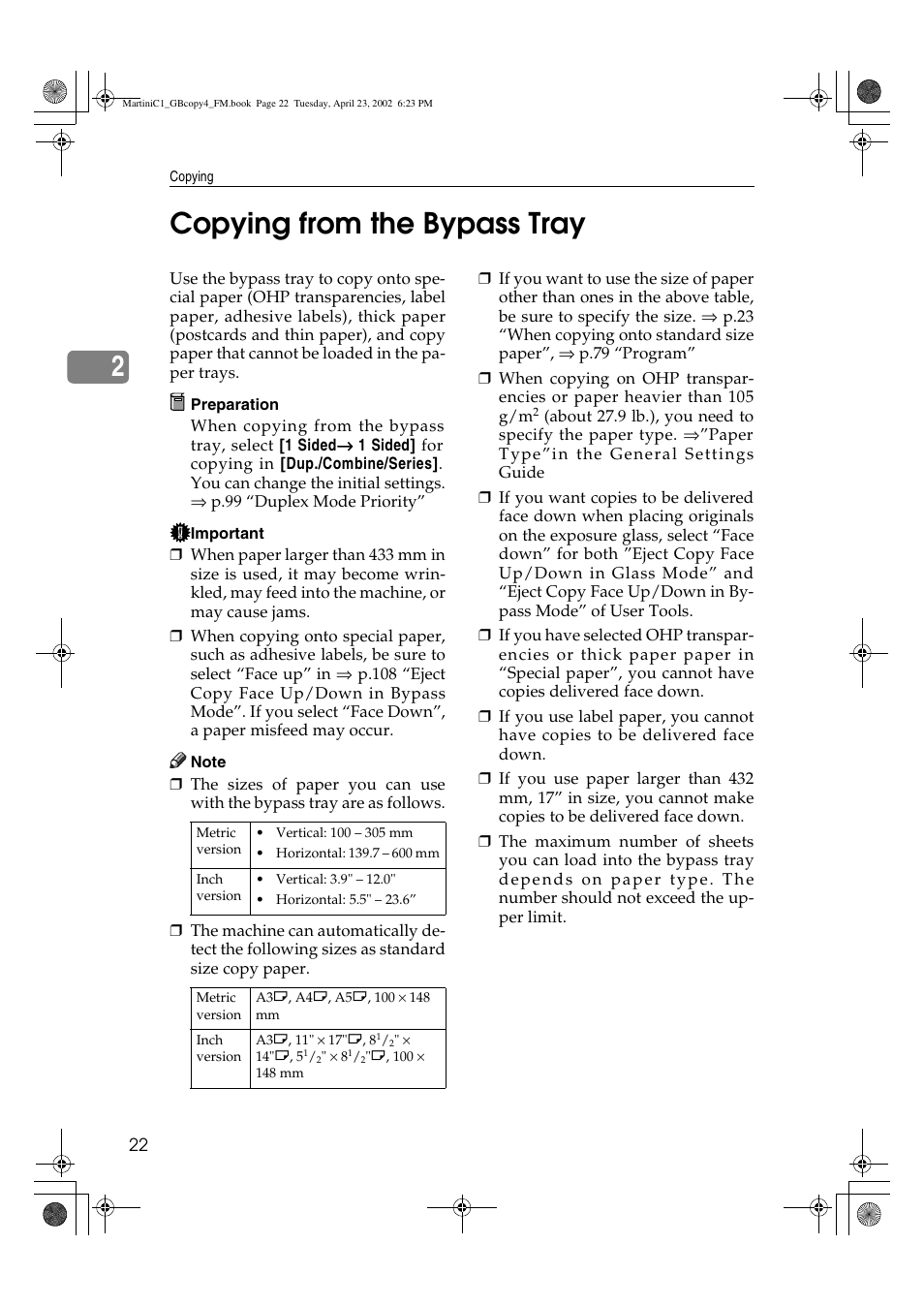 Copying from the bypass tray, 2copying from the bypass tray | Lanier LD075 User Manual | Page 30 / 138