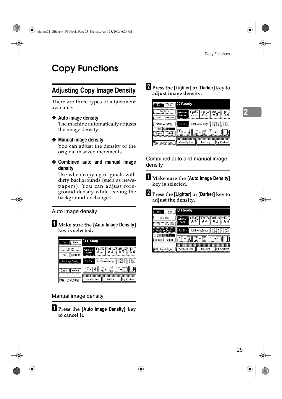 Copy functions, Adjusting copy image density, 2copy functions | Lanier LD075 User Manual | Page 33 / 138