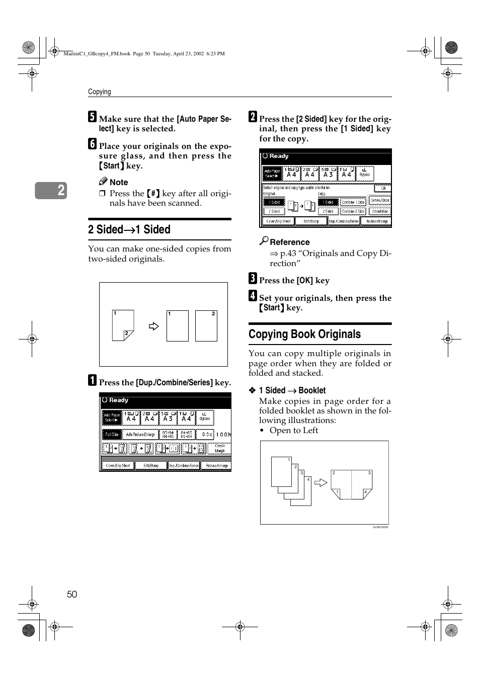 2 sided/1sided, Copying book originals, 2 sided → → → → 1 sided | Lanier LD075 User Manual | Page 58 / 138