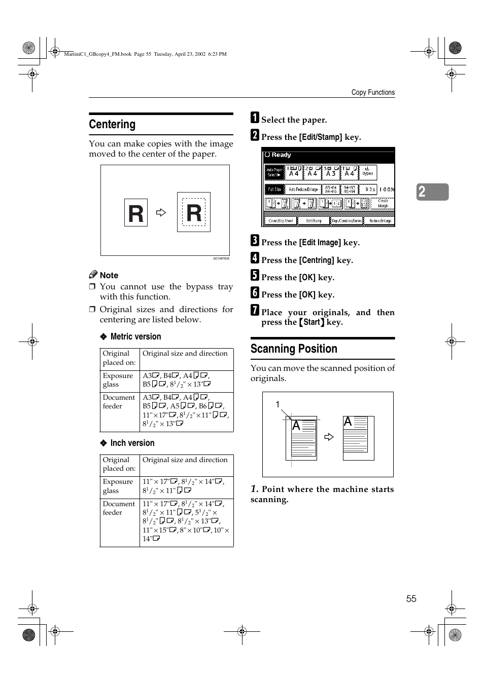 Centering, Scanning position | Lanier LD075 User Manual | Page 63 / 138