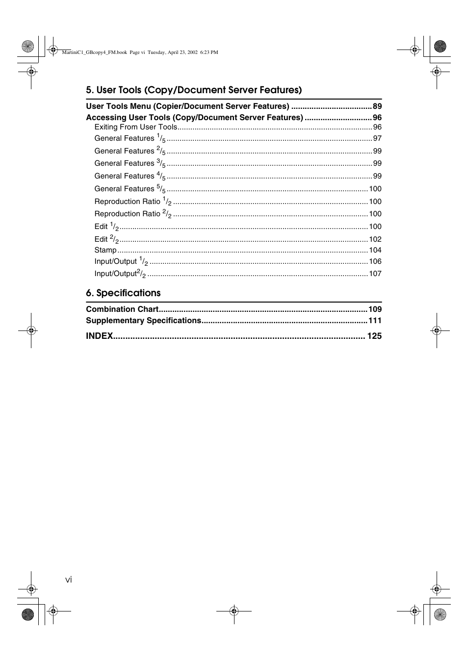 User tools (copy/document server features), Specifications | Lanier LD075 User Manual | Page 8 / 138