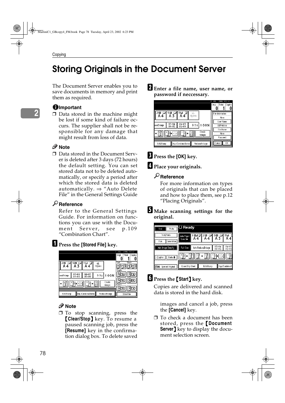 Storing originals in the document server, 2storing originals in the document server | Lanier LD075 User Manual | Page 86 / 138