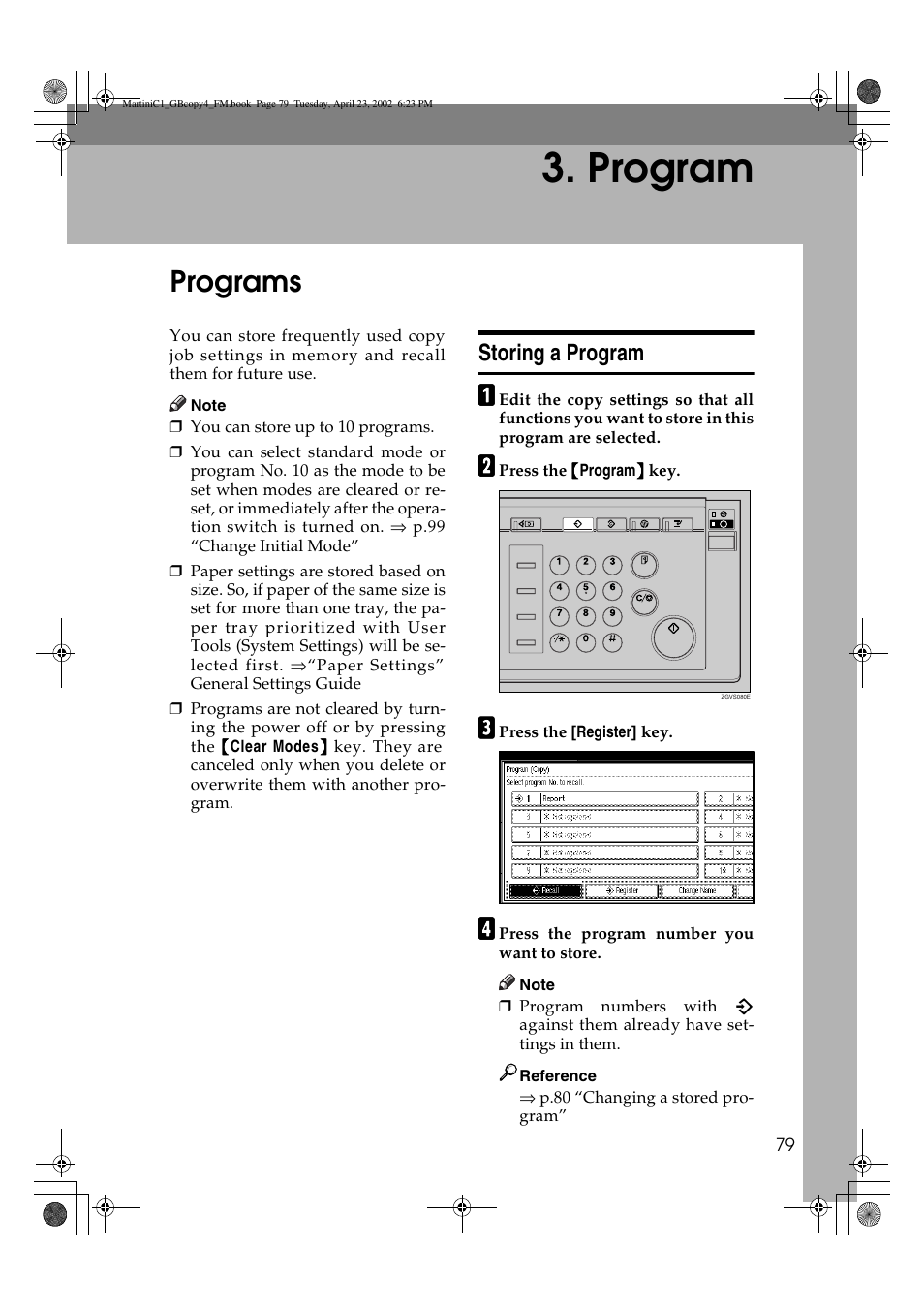 Program, Storing a program, Programs | Lanier LD075 User Manual | Page 87 / 138