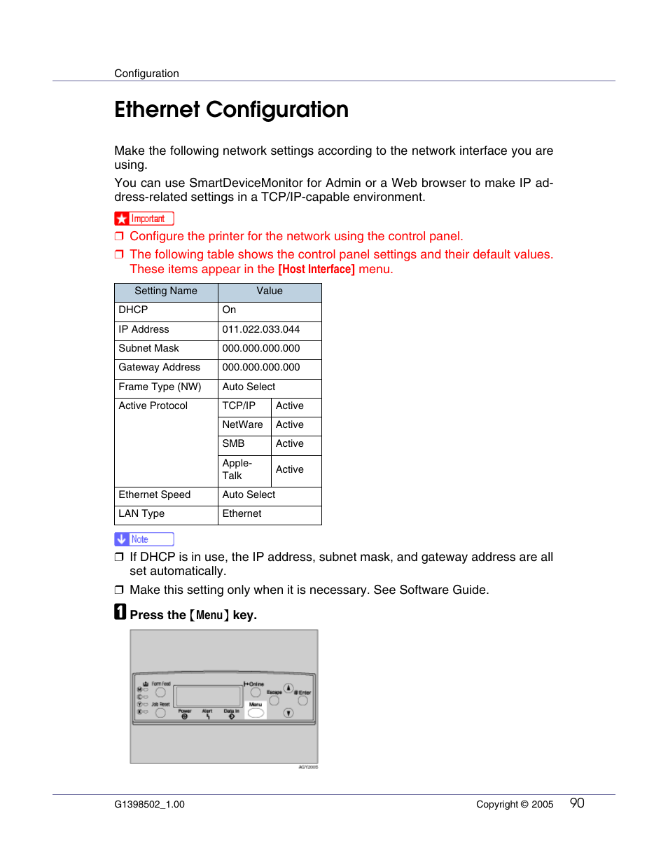 Ethernet configuration | Lanier LP222cn User Manual | Page 102 / 536