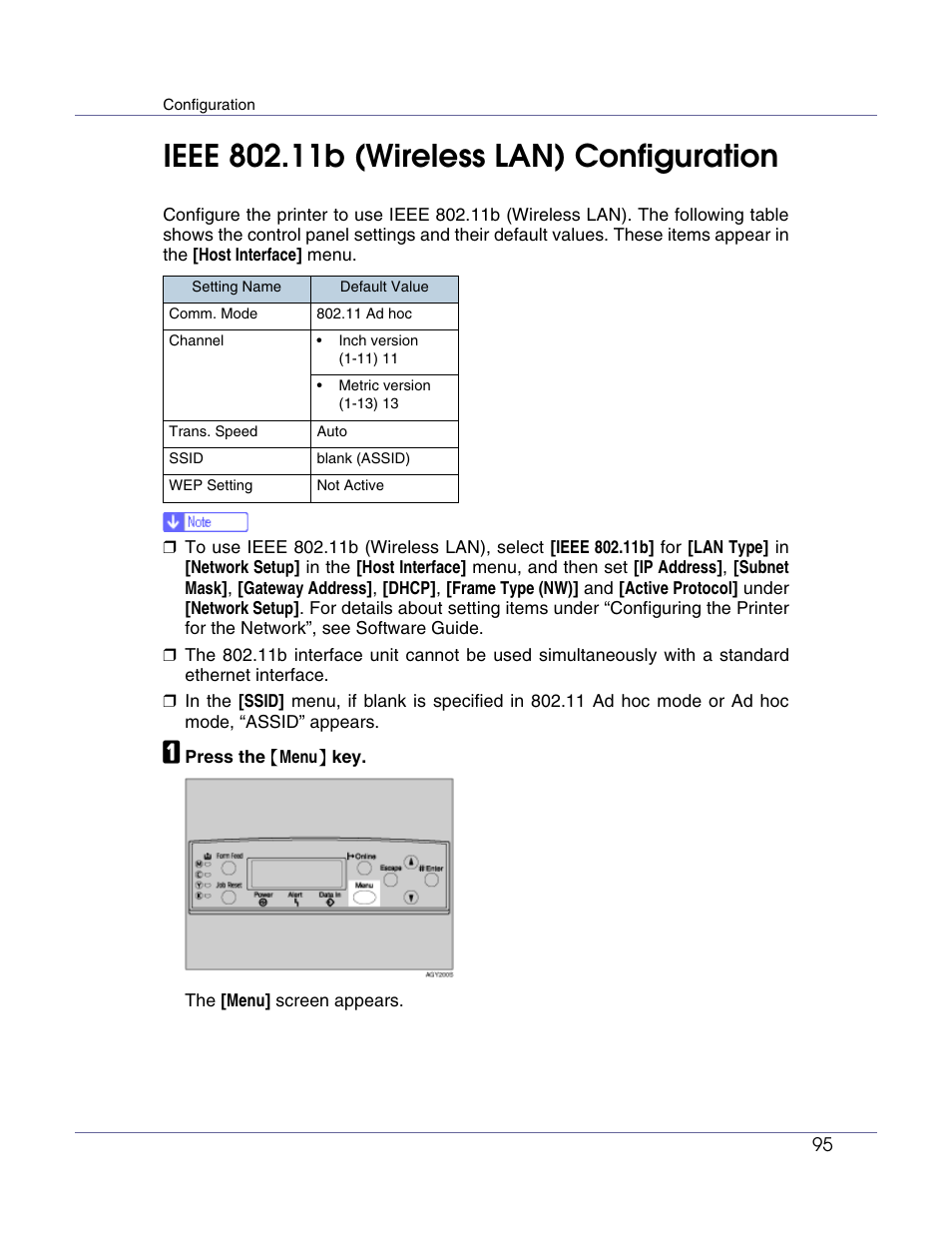 Configuration, Ieee 802.11b (wireless lan) configuration | Lanier LP222cn User Manual | Page 107 / 536