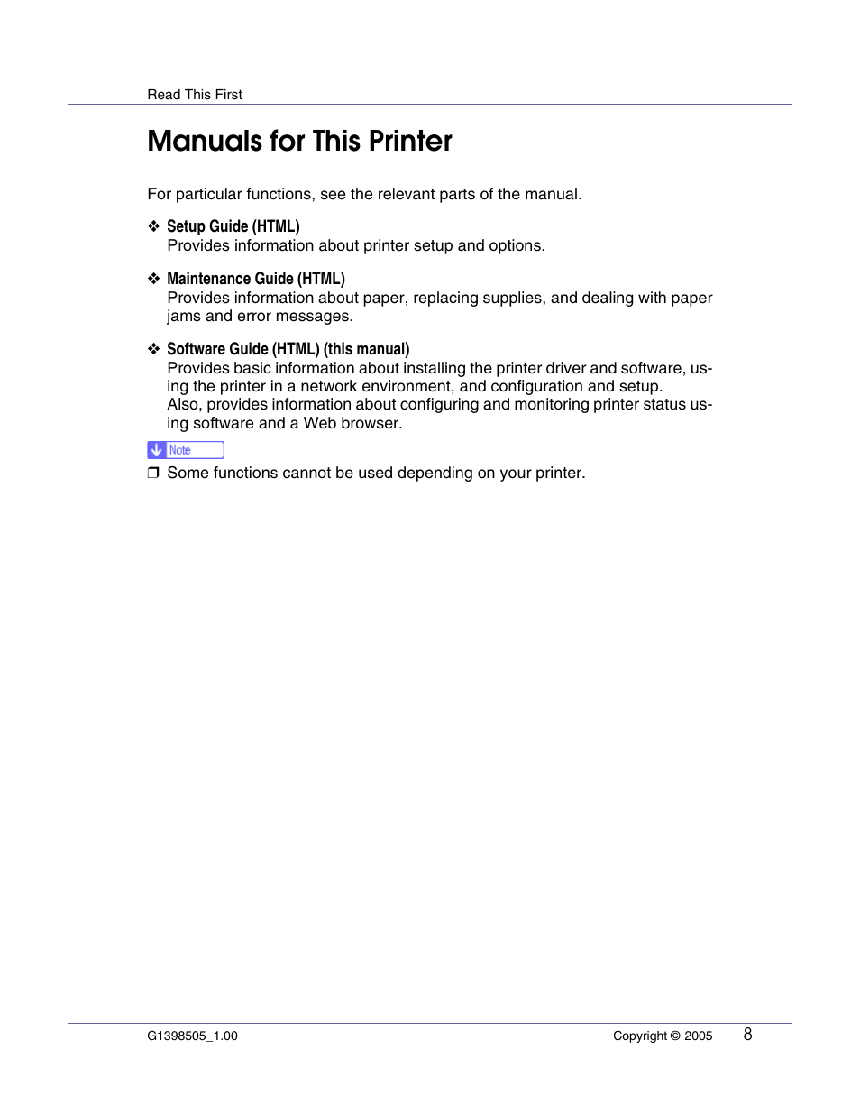 Read this first, Manuals for this printer | Lanier LP222cn User Manual | Page 127 / 536