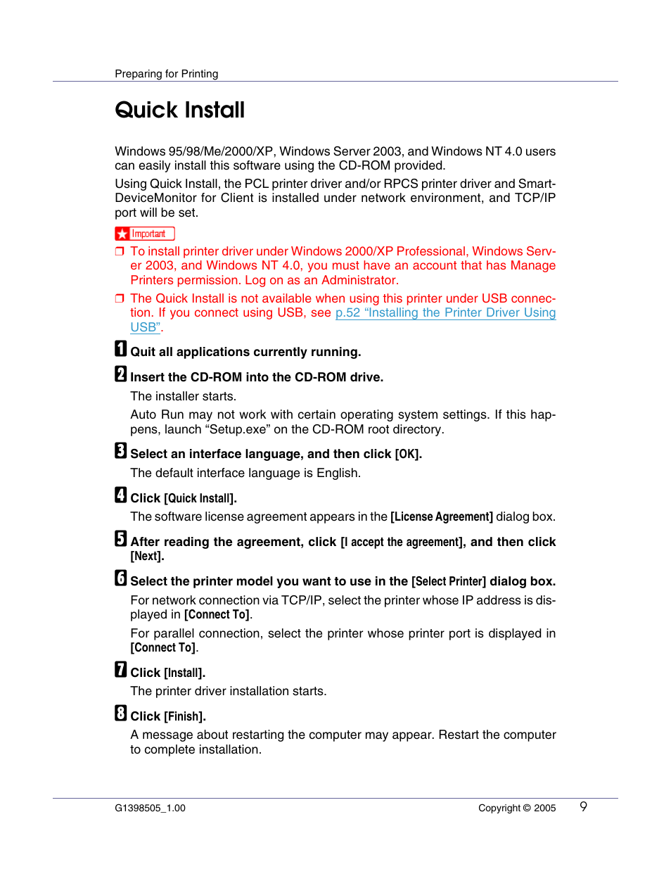 Preparing for printing, Quick install | Lanier LP222cn User Manual | Page 128 / 536