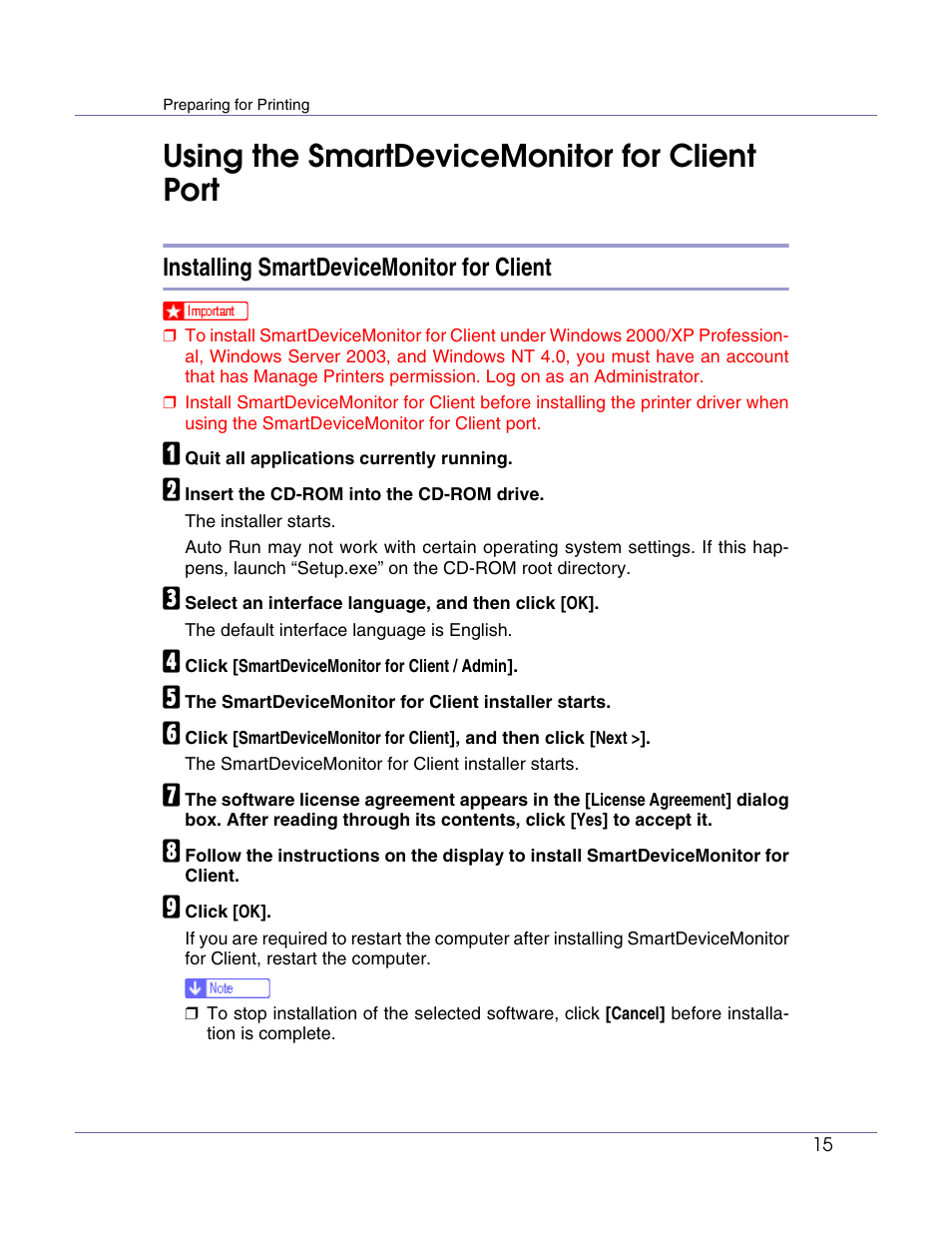 Using the smartdevicemonitor for client port, Installing smartdevicemonitor for client | Lanier LP222cn User Manual | Page 134 / 536