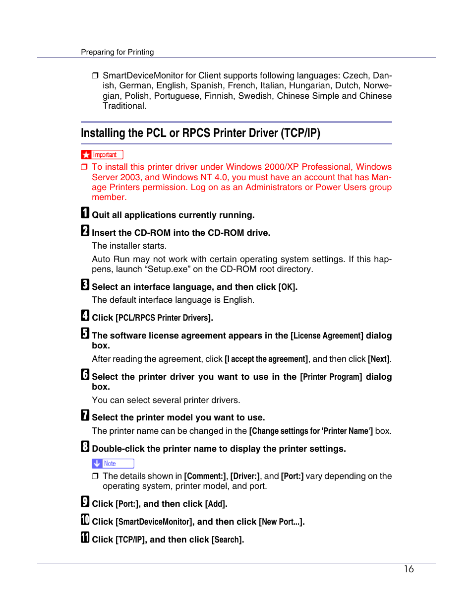 Installing the pcl or rpcs printer driver (tcp/ip) | Lanier LP222cn User Manual | Page 135 / 536