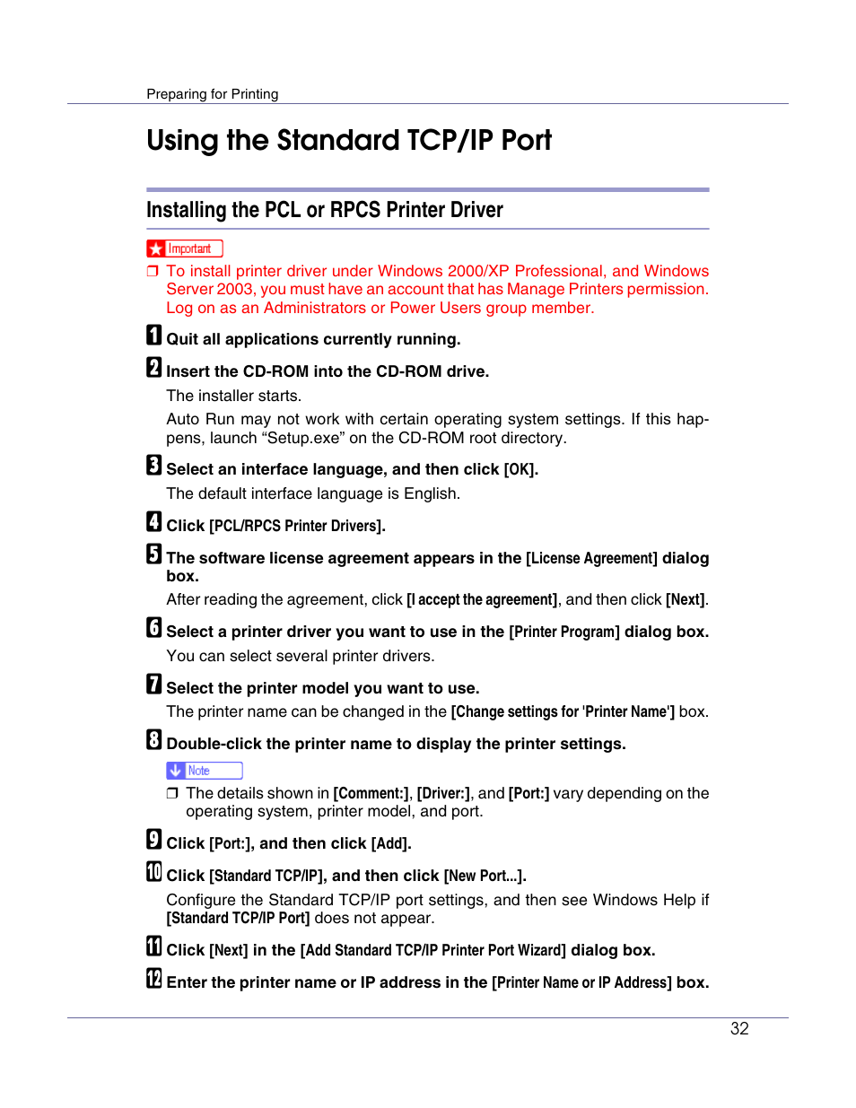 Using the standard tcp/ip port, Installing the pcl or rpcs printer driver | Lanier LP222cn User Manual | Page 151 / 536