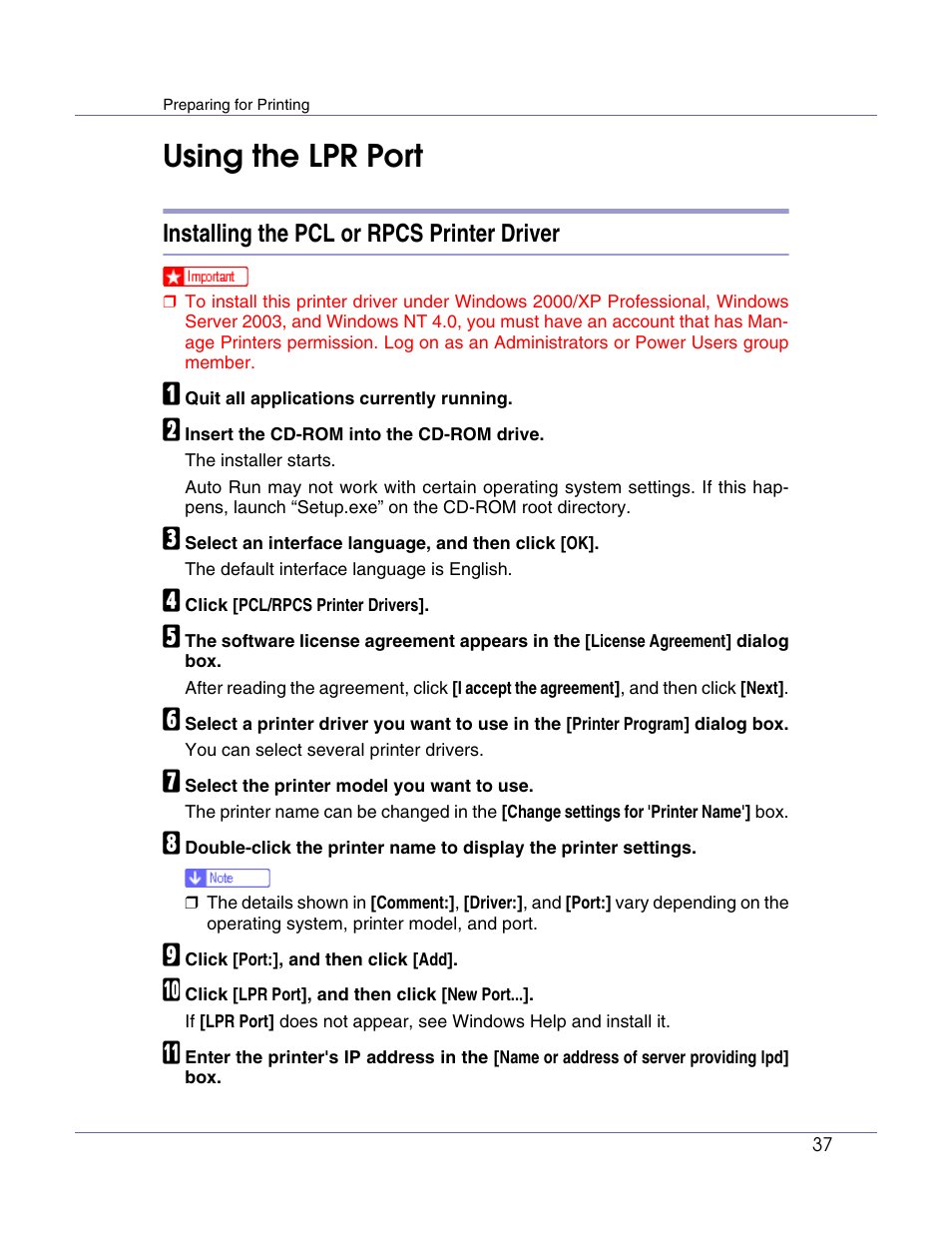 Using the lpr port, Installing the pcl or rpcs printer driver | Lanier LP222cn User Manual | Page 156 / 536