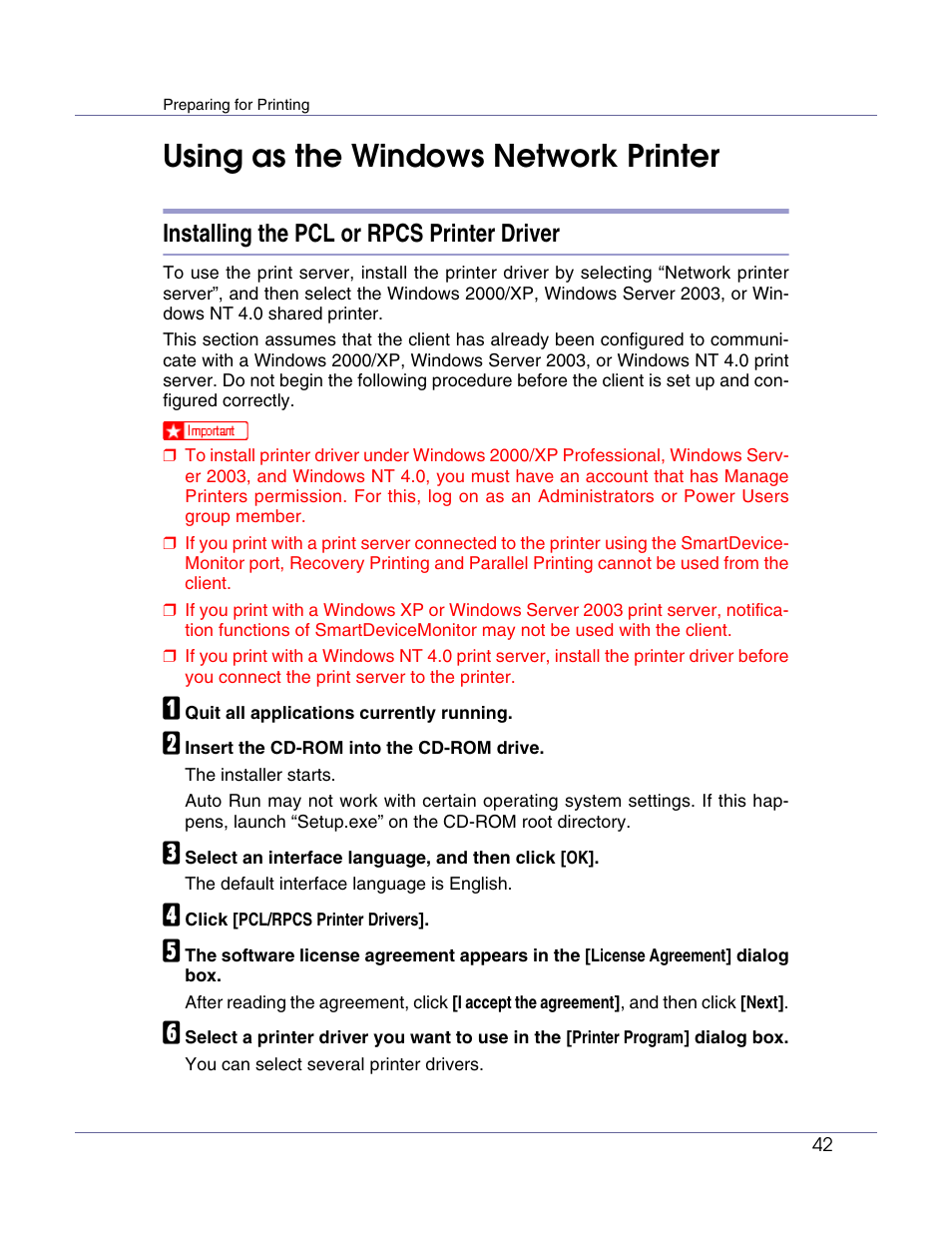 Using as the windows network printer, Installing the pcl or rpcs printer driver | Lanier LP222cn User Manual | Page 161 / 536