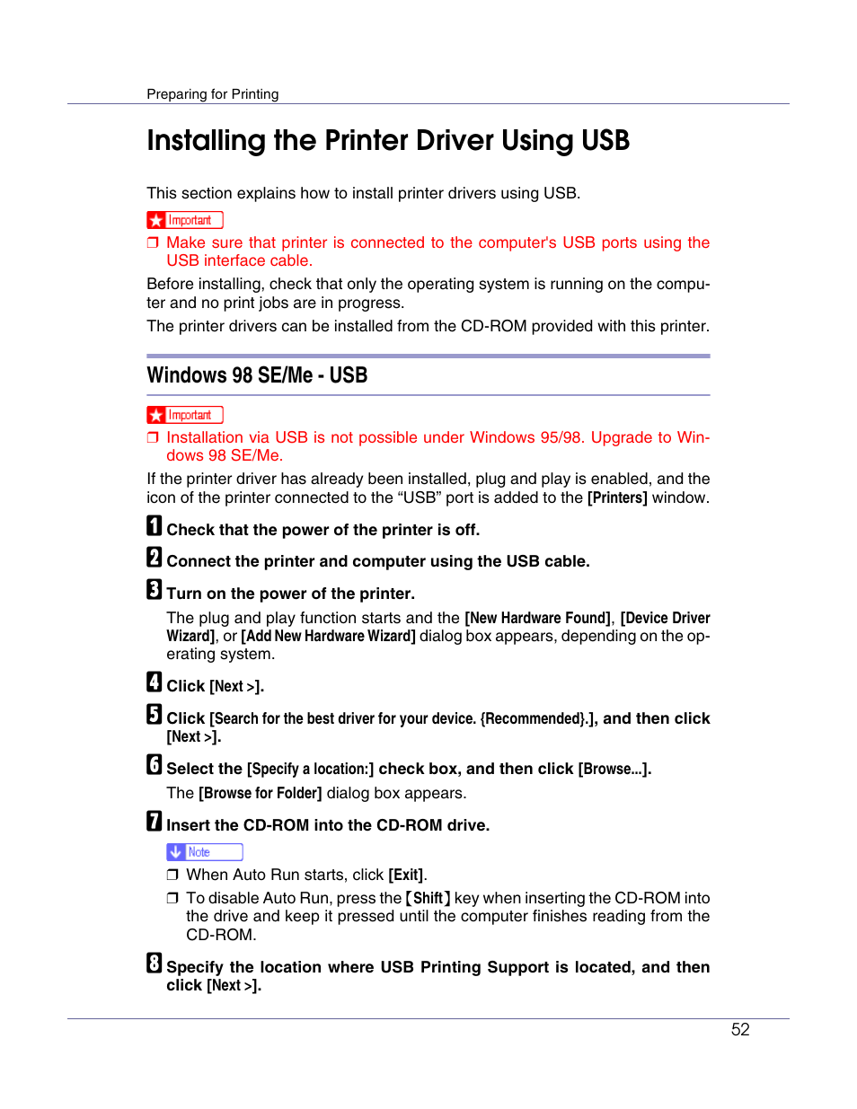 Installing the printer driver using usb, Windows 98 se/me - usb | Lanier LP222cn User Manual | Page 171 / 536