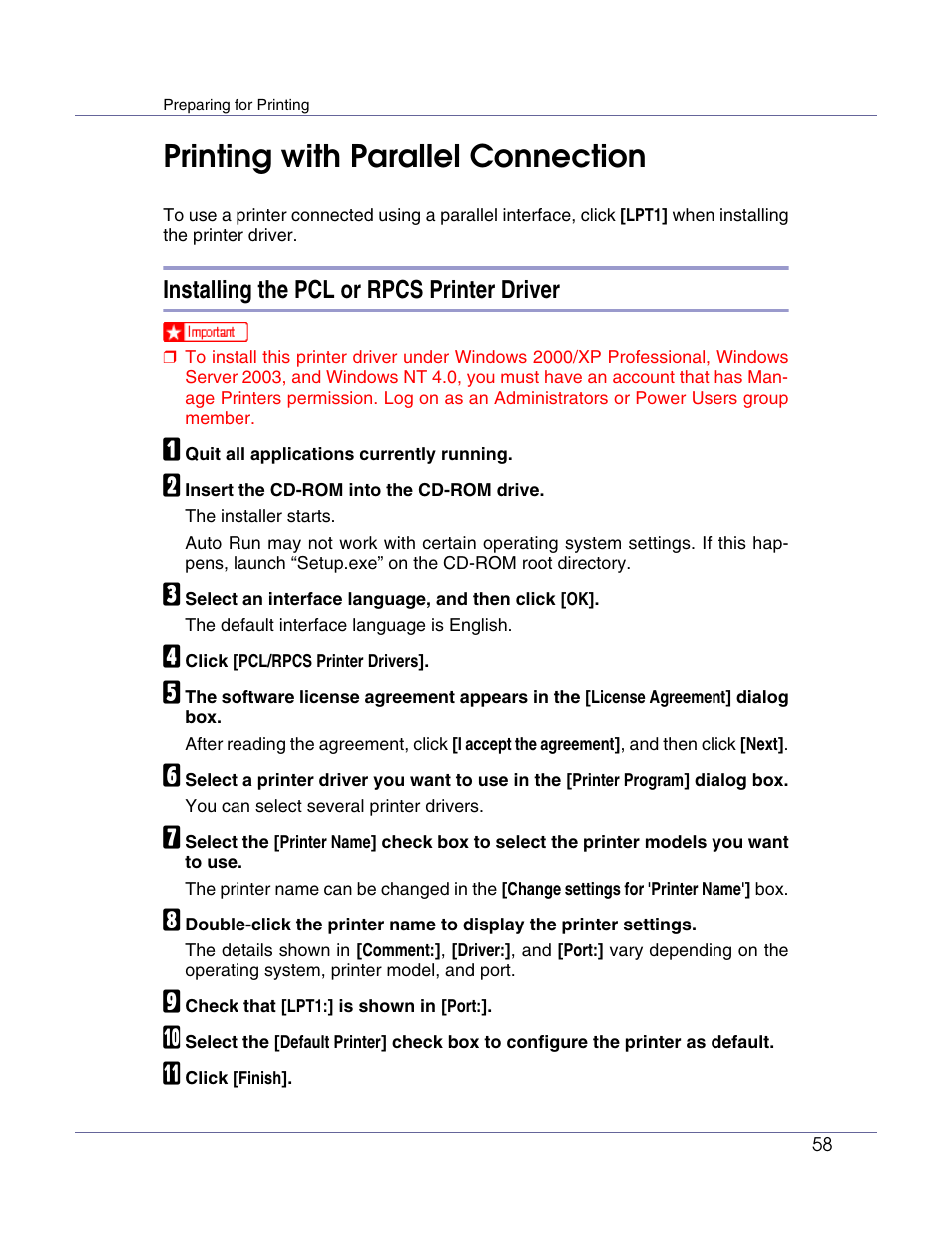 Printing with parallel connection, Installing the pcl or rpcs printer driver | Lanier LP222cn User Manual | Page 177 / 536