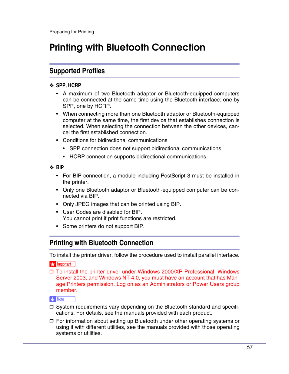 Printing with bluetooth connection, Supported profiles | Lanier LP222cn User Manual | Page 186 / 536