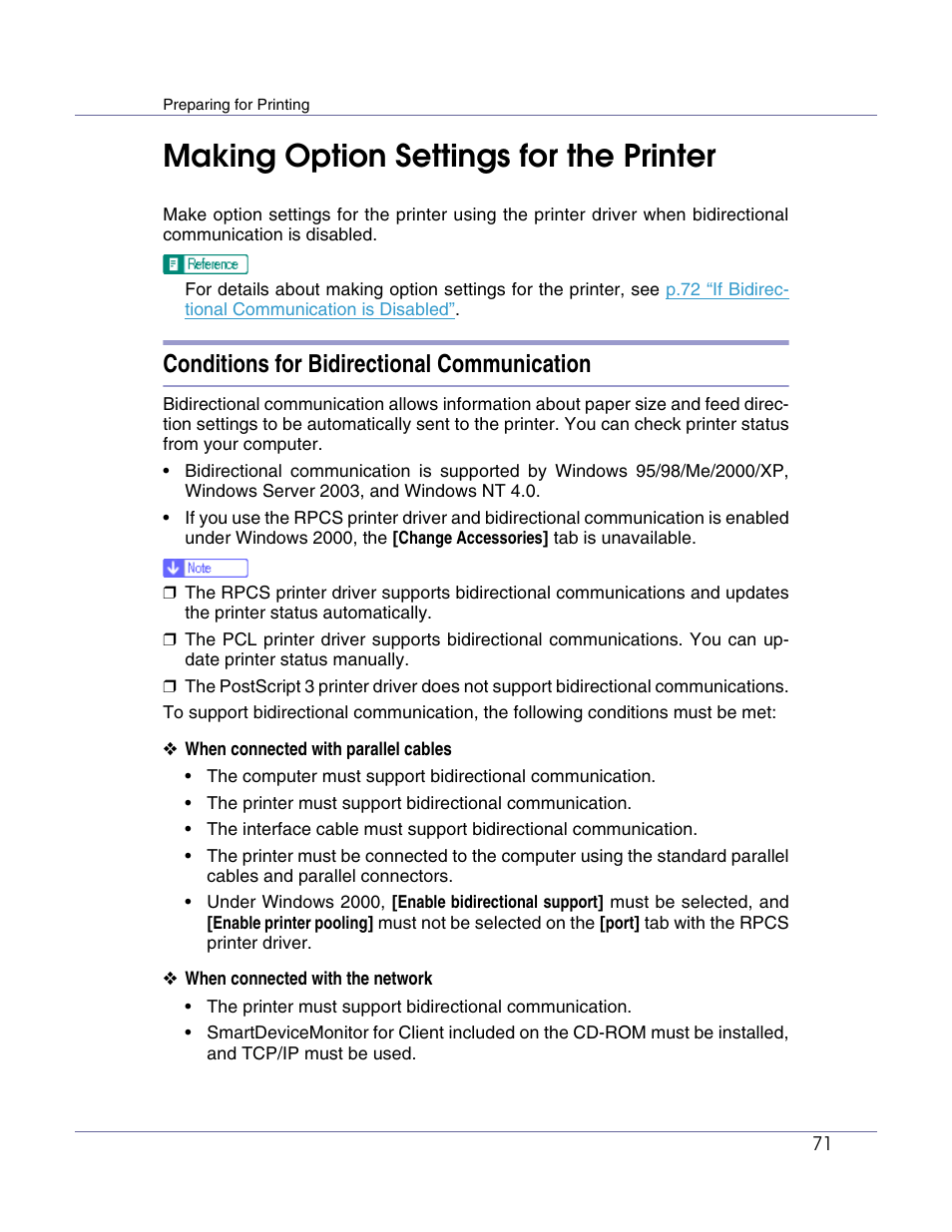 Making option settings for the printer, Conditions for bidirectional communication | Lanier LP222cn User Manual | Page 190 / 536