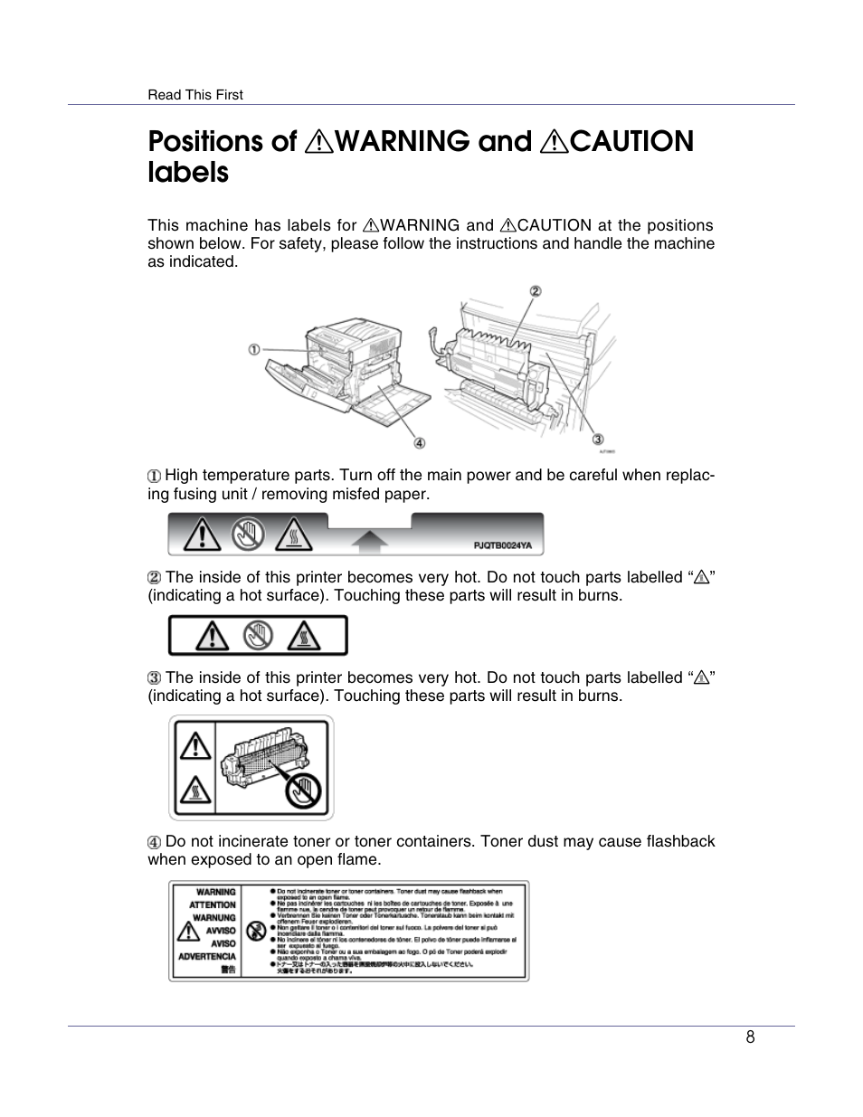 Positions of warning and caution labels, Positions of r warning and r caution labels | Lanier LP222cn User Manual | Page 20 / 536