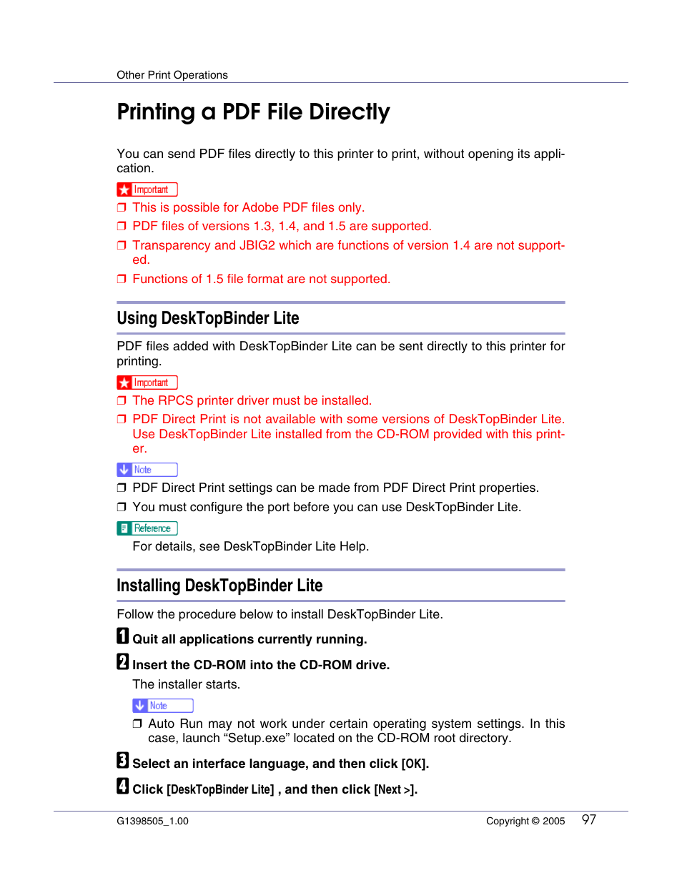 Other print operations, Printing a pdf file directly, Using desktopbinder lite | Installing desktopbinder lite | Lanier LP222cn User Manual | Page 216 / 536