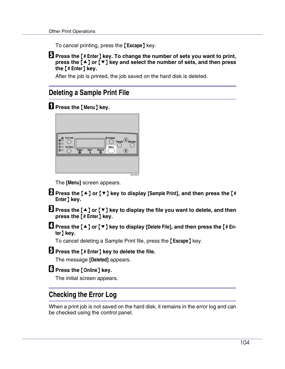 Deleting a sample print file, Checking the error log | Lanier LP222cn User Manual | Page 223 / 536