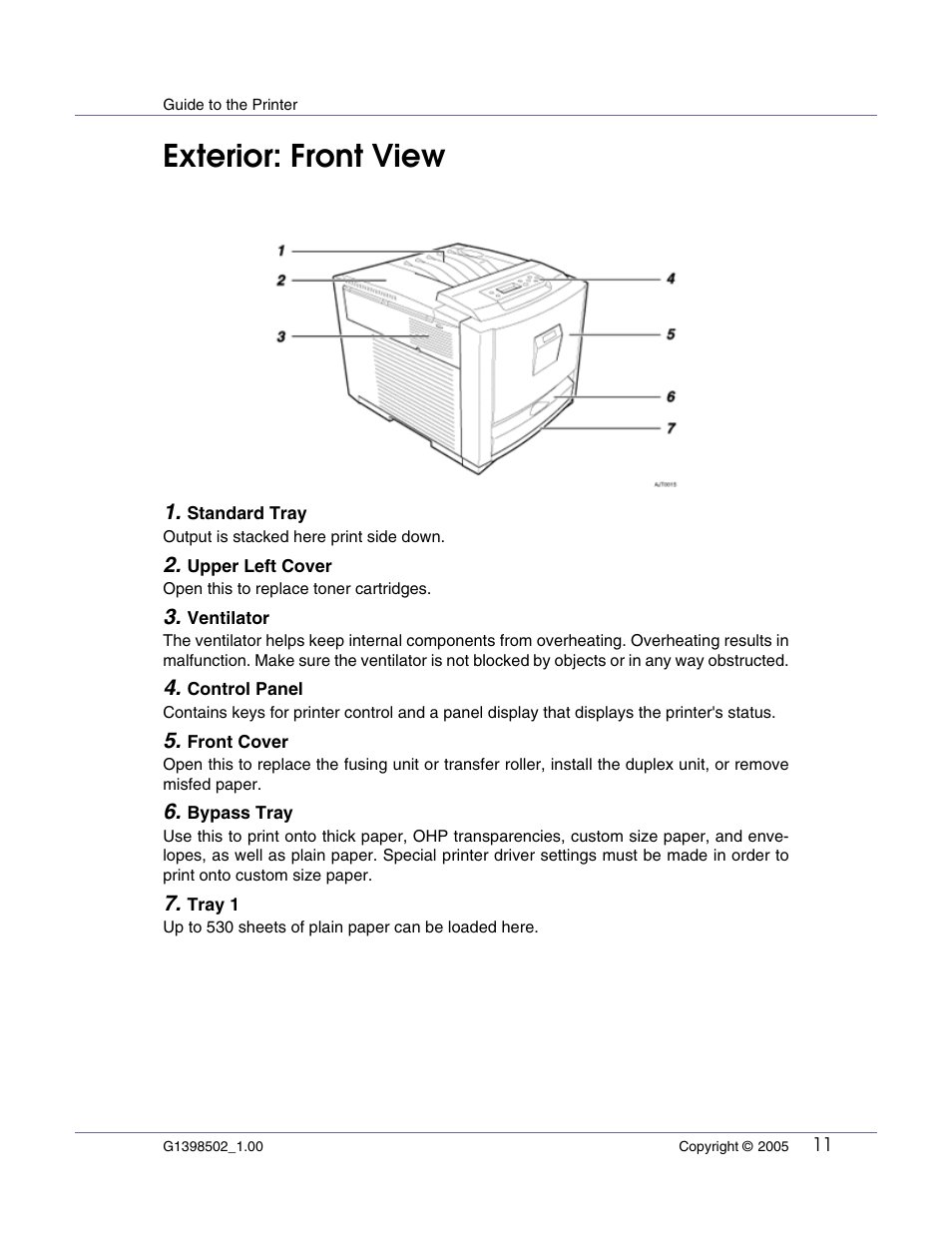 Guide to the printer, Exterior: front view | Lanier LP222cn User Manual | Page 23 / 536