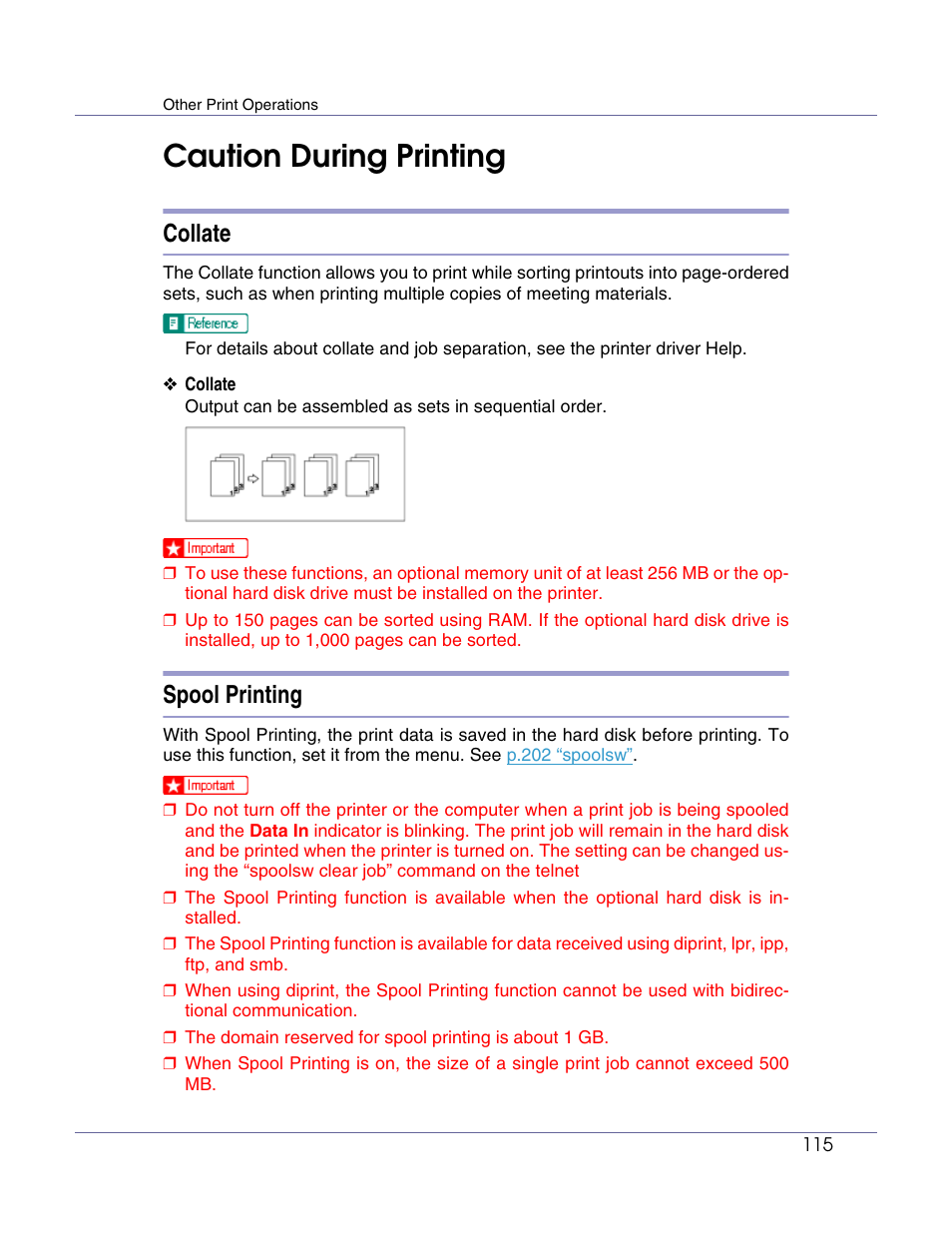 Caution during printing, Collate, Spool printing | Lanier LP222cn User Manual | Page 234 / 536