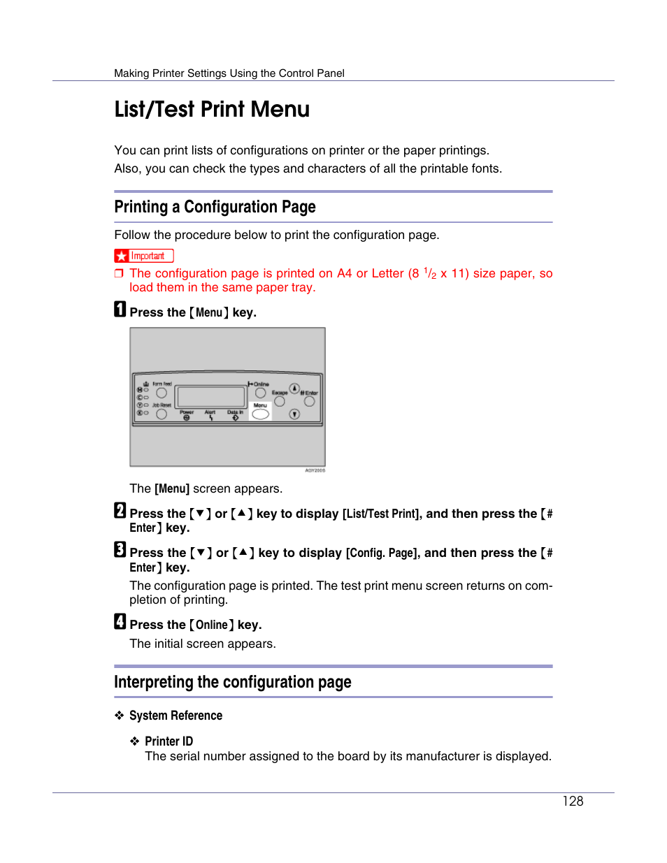 List/test print menu, Printing a configuration page, Interpreting the configuration page | Lanier LP222cn User Manual | Page 247 / 536