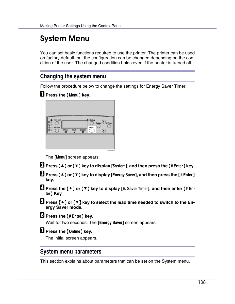 System menu, Changing the system menu, System menu parameters | Lanier LP222cn User Manual | Page 257 / 536