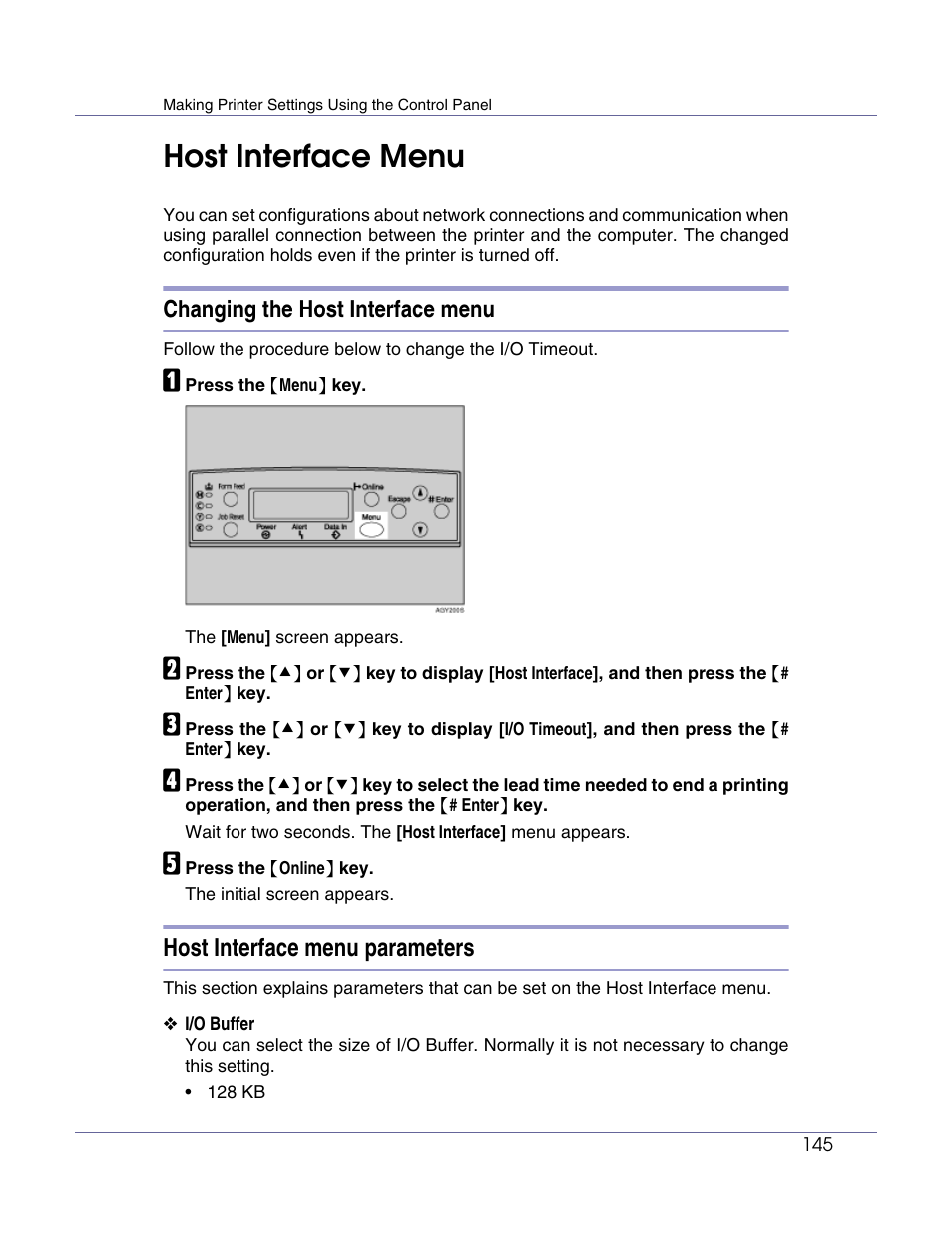 Host interface menu, Changing the host interface menu, Host interface menu parameters | Lanier LP222cn User Manual | Page 264 / 536