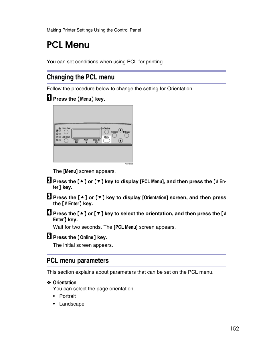 Pcl menu, Changing the pcl menu, Pcl menu parameters | Lanier LP222cn User Manual | Page 271 / 536