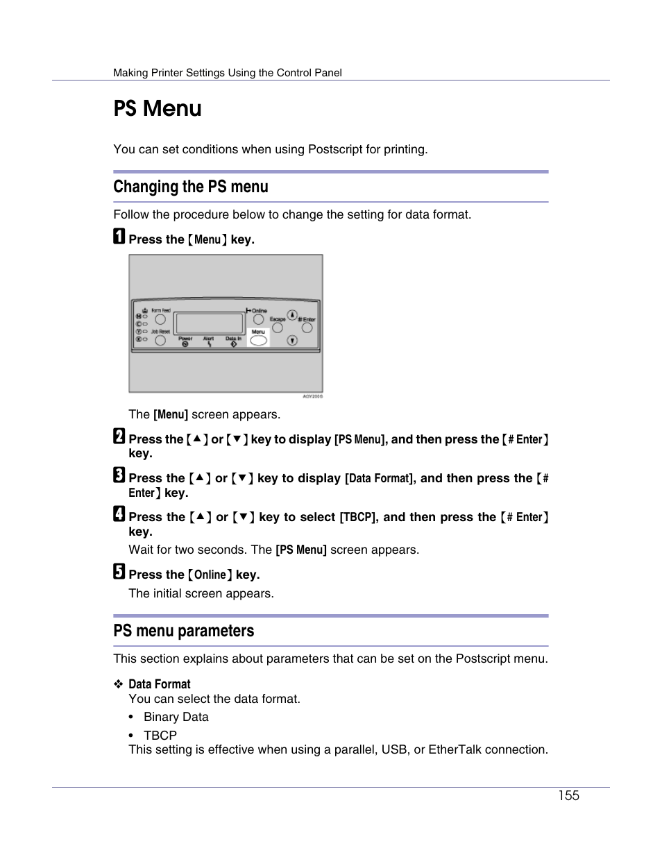 Ps menu, Changing the ps menu, Ps menu parameters | Lanier LP222cn User Manual | Page 274 / 536