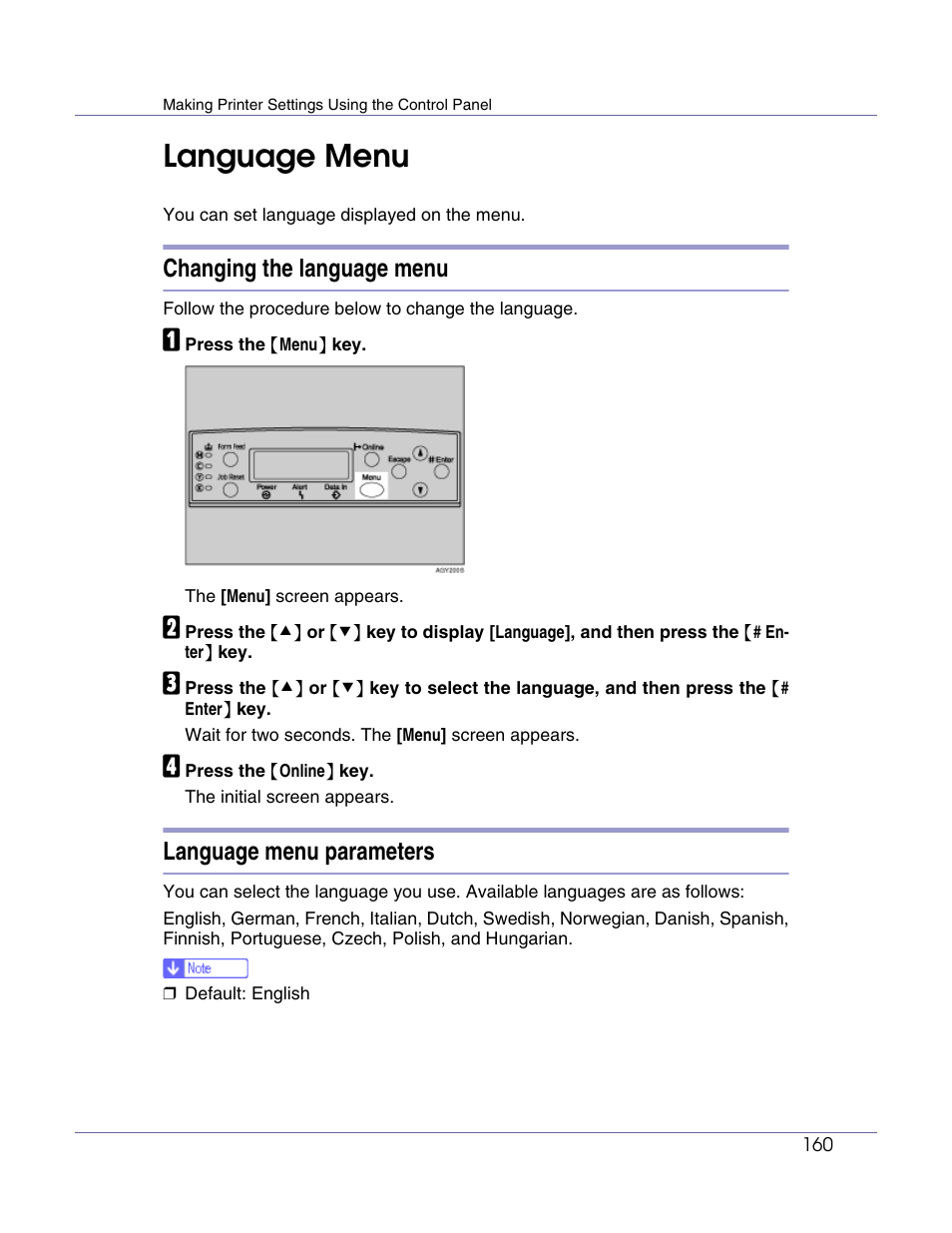 Language menu, Changing the language menu, Language menu parameters | Lanier LP222cn User Manual | Page 279 / 536